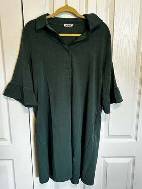 HUHOT Women's Dark Green Ruffle Sleeve Shirt Dress Size M